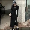 Basic Casual Kleider Frauen Falten Mid Calb Kleider Korean Side Sace Langarm gestrickt y High Taille Hollow Out Party Club Skinny Vestido Dhbma