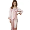 Home Clothing Women Sexy Pajamas Sets Autumn Faux Silk 2PCS Shirt&Pants Wear Long Sleeve Female Nightwear Casual Lace Sleepwear