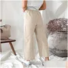 Pantaloni da donna Capris tasca estiva Colore solido elastico gamba larga femmina di cotone lino di cotone sciolto uffici lady lady pieghevole stile casual otd7w