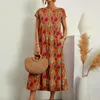 Casual Dresses Elegant Fashionable Women's Cotton and Linen Dress Round Neck tryckt Kort ärm A-line kjol unikt blommig lång 2024