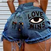 Jeans feminino jeans feminino plus size shorts jeans estampados azuis e graffiti rip hole butt-loft curto para mulheres que vendem c240413