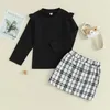 Ensembles de vêtements Pudcoco enfants Baby Girls Jupe Ensemble à manches longues Pull à cou semi-haut avec plaid Vêtements de tenue de 2 pièces 5-9T