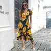 Casual Dresses Bohemian Sweet V-neck SUNFLOWER Floral Tight Waist Tied Lotus Leaf Asymmetrical Short Sleeve Dress