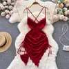 Casual Dresses Women Sexy Deep V Lace V-neck Low Cut Irregular Wrapped Hip Velvet Suspended Strap Spicy Girl Open Back Purely Dress 2024