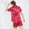 Hemkläder PS0271 2024 Pyjamas Kvinnor Satin Silk Sexig Sleepwear Print Kort ärm Shorts 2st Pyjama Set Nightwear Female Pyjama