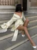 Vestidos casuais champanhe festeja sexy mini laço de mangas de ombro de ombro vestido sedoso e outono do verão 2024 feminino