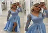 Vintage V Neck Pearls Lace Appliques Sky Blue Prom Dresses Long Hidees with Löstagbar kjol och Pearl Sash Aftonklänningar7869441