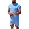 Herrespår Fashion Pure Color Cotton Linen Outfits For Men 2024 Summer Short Sleeve Button Stand Collar Tops and Shorts Mens Two Piece