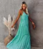 Casual Dresses 2024 Boho Dress Strapless Open Back Leopard Printing Maxi Ruffled Green Strap Floor Length Vestidos Holiday Robe