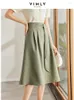 Kjolar Vimly Women's Green A-Line Paraply Kjol 2024 Sommar i Fashion Solid Elastic High midja Drape Lace-up Casual Midi