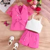 Clothing Sets Ceeniu Children For Girls Blazer Outfits Butterfly Sleeve Belted Jacket Camisole Top Pink Pants Kids Clothes