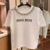 MUI MUI SHIRT 2024 OIR Spring Miu New Rhinestone Letter Logo Decoration Cotton Cotton Short Shirt Crew Thirt Women 8394 MUI MUI TOP 318