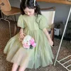 Flickaklänningar 1-6t Summer Baby Girls Dress Puffy Short Sleeved Green Mesh Casual Kids Princess Wedding Fashion Children Vestidos