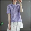 Kvinnors blusar skjortor bomullslinne för kvinnor vintage rutig kort ärm plover lös casual koreansk stil -hals blus toppar droppe delive dh6fr