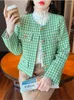 Frauenjacken 2024 Frühling Herbst Frauen O-Neck Long Sleeve Short Jacket hochwertige Mode-Green Houndstooth Tweed Casual Outwear