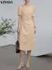 Casual Dresses Women Dress 2024 VONDA Sexy Midi Party Fashion Solid Color Short Sleeve Sundress Oversized Loose Robe Femme