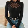 Women's Blouses Hollow Out Jacquard Autumn Ladies Slim Lace Embroidery Shirt Elegant All-Match Long Sleeve Black Base Shirts