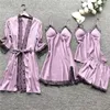 Home Clothing Soft Lace Sleepwear Elegant Silky Pajamas Set With Pleated Cardigan Coat Matching Shorts Women's Homewear For Comfort