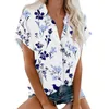 T-shirts pour femmes mode Fleur à manches courtes décontractées Boutons imprimées à revers Blouse supérieure Blusa Mujer Moda 2024 Roupas Plus taille féminino