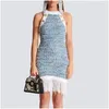 Basic Casual Dresses Blue Sleeveless Fringed Tassels Knit Women Mini Dress 2024 Spring Summer Drop Delivery Apparel Womens Clothing Dhdxg