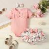 Shorts Suefunskry Baby Girls 3st Shorts Set Solid Color Ruffle Romper och Floral PP Shorts Pannband Set Summer Clothes