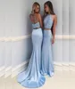 Two Piece Mermaid Light Blue Prom Dresses Sequined Chinese Halter Satin Formal Evening Party Gowns Vestidos de Fiesta 20184315673