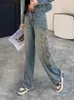 Women's Jeans Vintage Denim Pants Panel Diamond Butterfly Embroidered Long Hip Wrap Casual Versatile Slim Fit Trousers