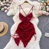 Casual Dresses Women Sexy Deep V Lace V-neck Low Cut Irregular Wrapped Hip Velvet Suspended Strap Spicy Girl Open Back Purely Dress 2024