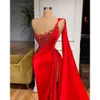 Elegant One Shoulder Red Prom Dresses Pearls Beaded Sexy Side Split Long Evening Gowns Plus Size Mermaid Pageant Dress