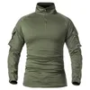 Mens Long Sleeve Army Combat Shirt 14 Zipper Ripstop Cotton Military Tactical Shirts Navy Blue Camoufalge Airsoft T Shirts 240407