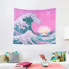 Tapisserier Vaporwave Eesthetic Great Wave Off Kanagawa Retro Sunset Tapestry Living Room Decoration Decorating