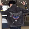 Mens Denim Jacket with Print Male Jean Coats Black Slim Fit Y2k Korean Clothes in Designer Cowboy Clothing Menswear 240408