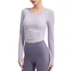 Women's T Shirts Workout Crop Tops Slim Round Neck Open Back Ruched Long Sleeve With Thumb Holes Yoga Athletic Cover Ups Clothes