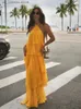 Basic casual jurken sexy off schouderruffels gelaagde halter maxi jurk vrouwen backless sluleloze vloer lengte gewaden 2024 dame strand feestvestidos 1 t240412