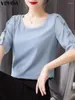 Kvinnors blusar Vonda Women Fashion Office Shirts Elegant Solid Color Blus 2024 Casual O Neck Sexy Short Sleeve Tops Blusa Overdimensionerade