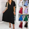 Lässige Kleider Frauen Kurzärmel Wrap gegen Nacken Sommer Satin Krawatte Taille Elegant Falten fließend eine Linie Midi Kleid