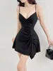 Casual Dresses Insta Pleated Sling Dress 2024 Sexy Low-Cut Slim Fit Waist-Controlled Slimming Asymmetrical A- Line Skirt