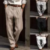 Pantaloni da uomo in lino a doppia piattaforma a doppia gamba dritta dritta di colore solido comodo vacanza casual traspirante