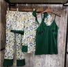 家庭用服2024春秋の女性服プリントシャツスリングショーツパンツ4ピースシルクパジャマスリープウェアカジュアルナイトウェア