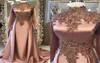 Élégant brun dubaï arabe musulman manches longues robes de soirée applications en dentelle en satin