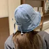 Bérets Denim Bucket Hats for Women Corea mignon Sangle d'arc Coton Coton Cap