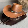 Bérets Hat de cowboy de faux cuir vintage avec décoration de ceinture ethnique pour hommes Robe de gentleman rétro