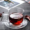 Fincan tabakları basit cam çay bardağı seti plastik bekerler çift duvar yeniden kullanılabilir yaratıcı kahve kupası şeffaf seyahat aternoon