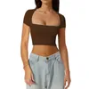 Women's T Shirts Square Neck Crop Tops Short Sleeve Solid Color Slim Fitted T-Shirts Stretchy Blouses Streetwear