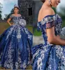 Bling paillettes en tulle perles de quinceanera robes bleu marine 2022 Robe de bal de l'épaule Applique de fleur ivoire douce 15 16 filles8338554