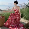 Lässige Kleider Vintage koreanischer Stil Urlaub Rückenfreie Faltenkleid Frauen Rose rot gedruckte ärmellose Spaghetti -Gurt Fairy Vestidos