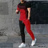 Summer Jogging Set Short Sleeved Tshirt Long Pants Mens Two Piece Sportswear 3D Line Splicing Trendy Clothing 240401