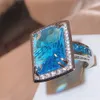 Exaggerated Rectangle Ocean Blue Topaz Sapphire Full Diamond Couple Ring for Women Silver-Plated Engagement Bridal Jewelry 240412