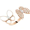 Designer Brand Van High Edition S925 Pure Silver Full Full Diamond White Shell Double Butterfly Ring Feme Rose Gold Light Luxury Brongle