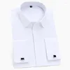 メンズドレスシャツメンズシャツフランスカフリンクス男性タキシードビジネスソーシャル長袖ボタンプレーンホワイトライトブルーピンク